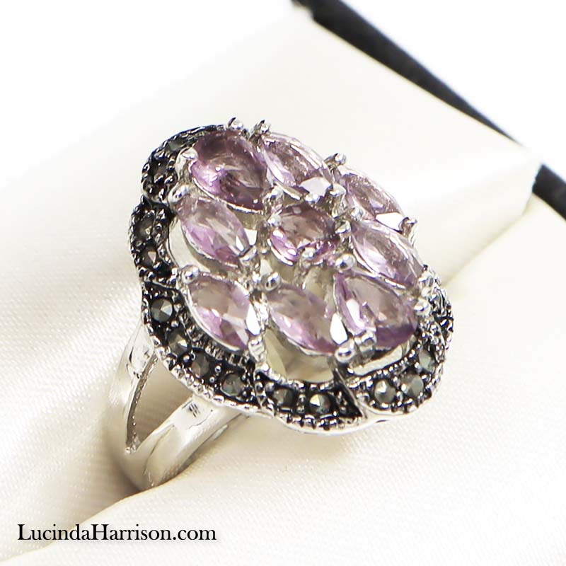 CZ Lilac Marcasite Cluster Ring 9 Stones Size 7