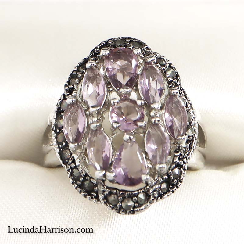 CZ Lilac Marcasite Cluster Ring 9 Stones Size 7