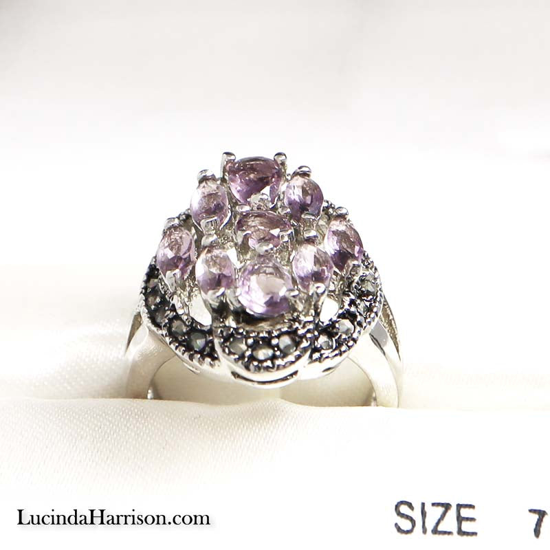 CZ Lilac Marcasite Cluster Ring 9 Stones Size 7