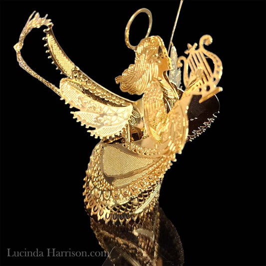 Vintage Brass Christmas 3D Filigree Angel Holding a Lyre Harp