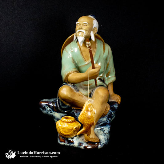 VTG Chinese Shiwan Porcelain Mudman Figurine Fishing