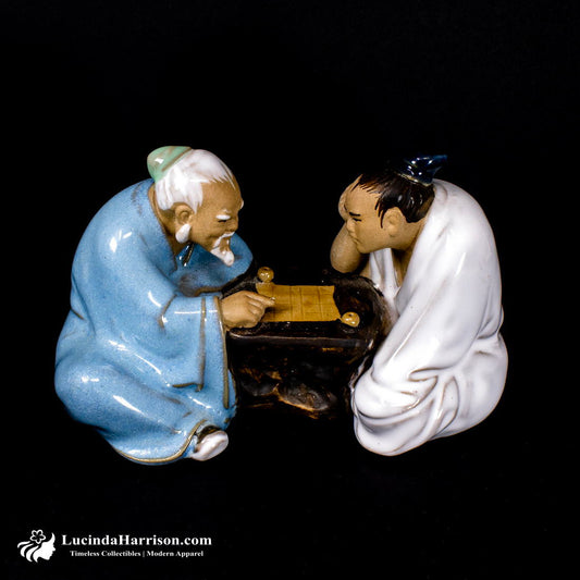 VTG Chinese Shiwan Mudmen Glazed Clay Art Pottery Men Playing Checkers