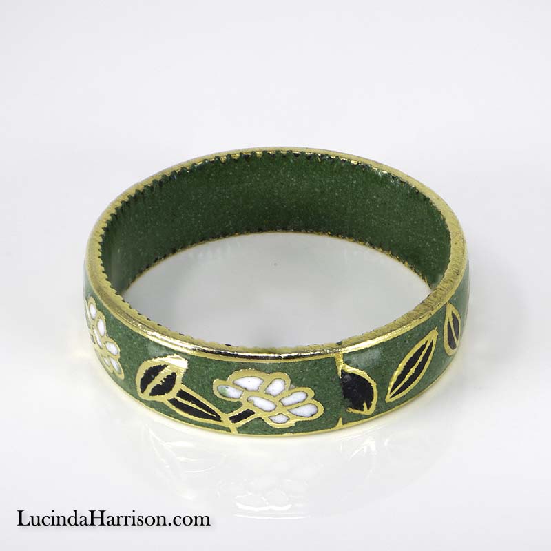 Chrysanthemum Cloisonne Floral Design Green Ring