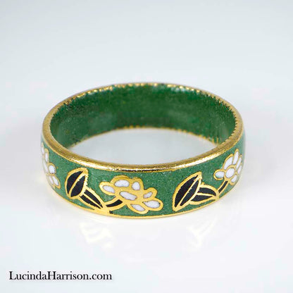 Chrysanthemum Cloisonne Floral Design Green Ring