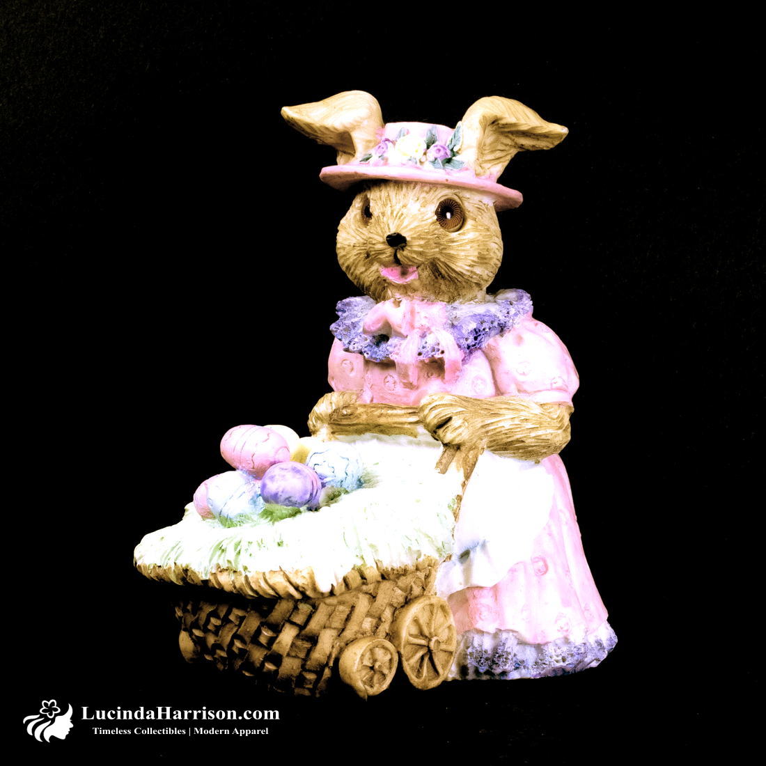 VTG 1982 Happy Easter Bunny Pushing Basket Wheelbarrow With Easter Eggs