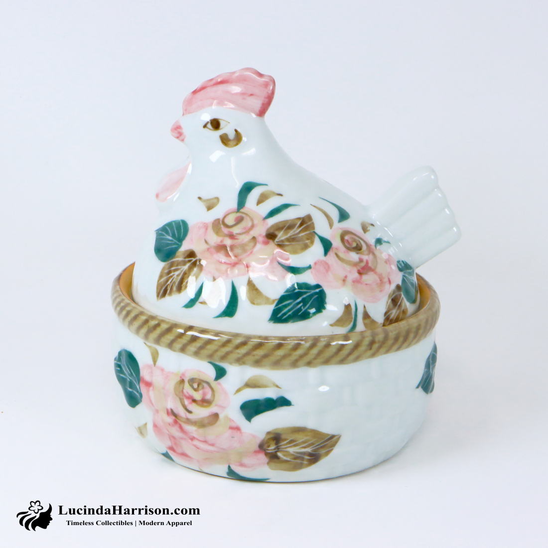 VTG Porcelain White Rooster Bowl with Lid Pink Flowers