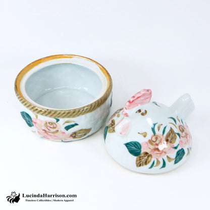 VTG Porcelain White Rooster Bowl with Lid Pink Flowers