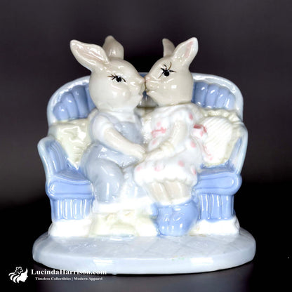 VTG Porcelain Rabbits Figurine Boy Girl Snuggling On Couch