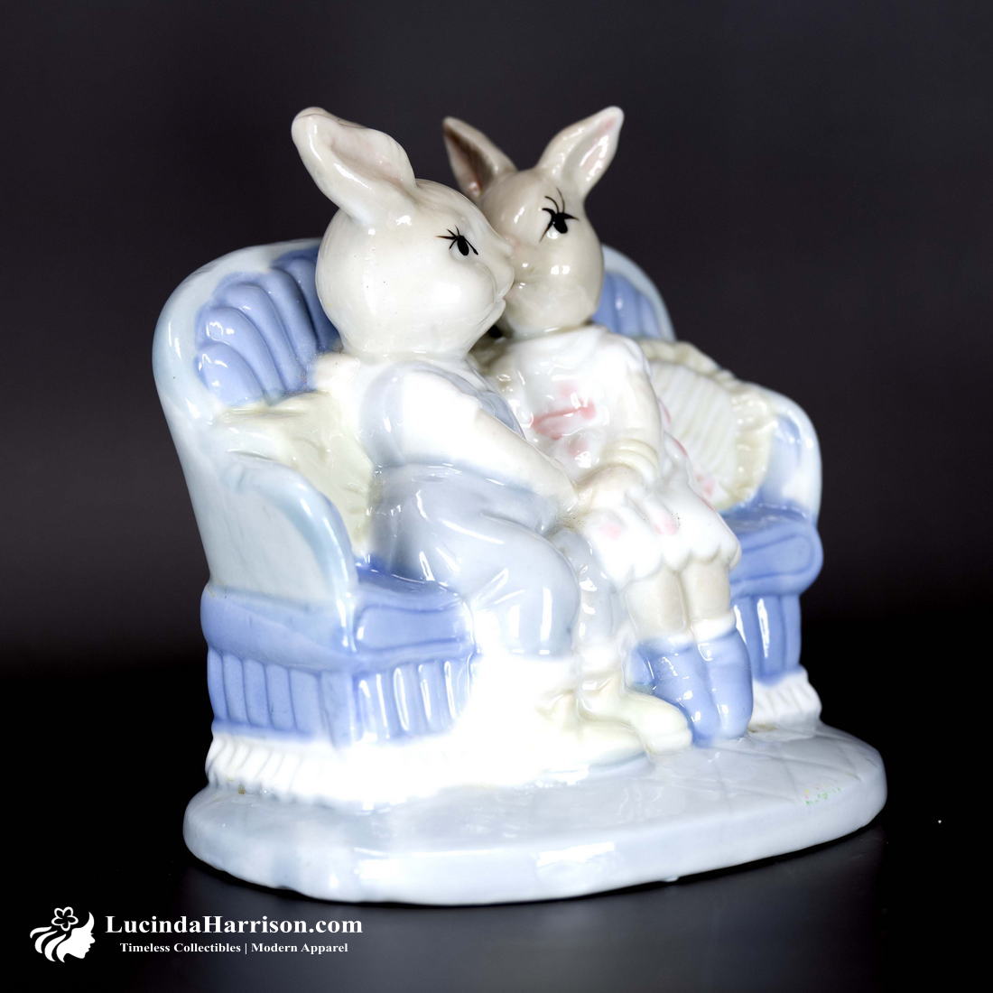 VTG Porcelain Rabbits Figurine Boy Girl Snuggling On Couch