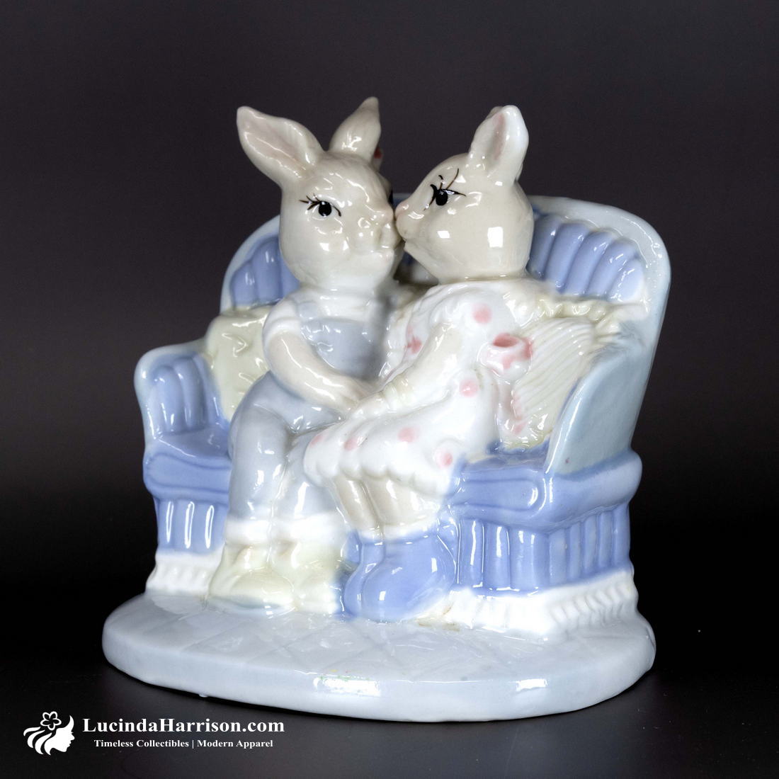 VTG Porcelain Rabbits Figurine Boy Girl Snuggling On Couch