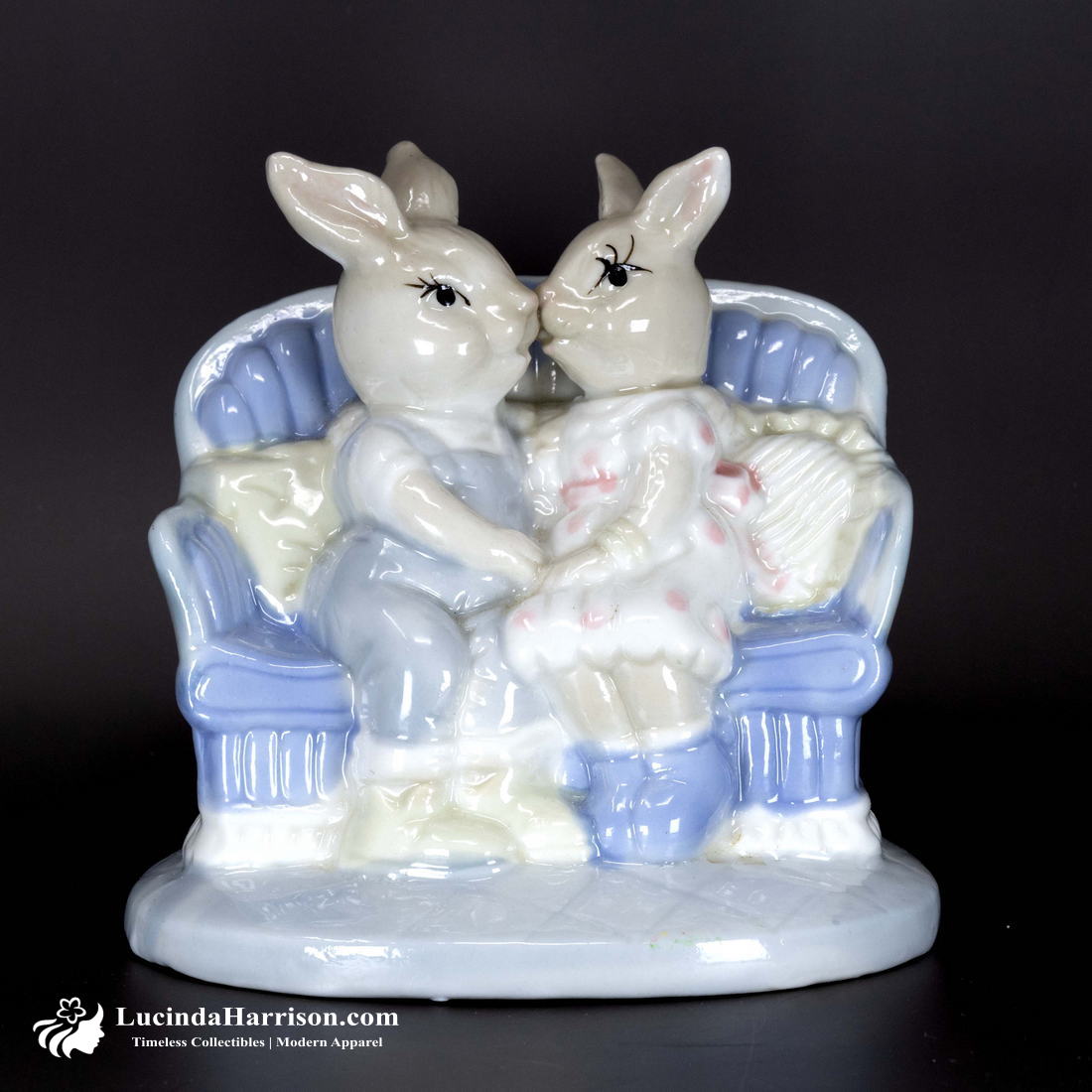 VTG Porcelain Rabbits Figurine Boy Girl Snuggling On Couch