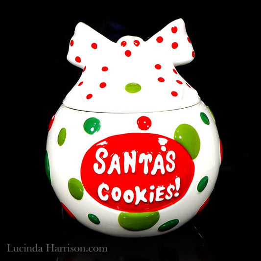 2008 Real Home Santa’s Cookies Earthenware Cookie Jar Polka Dot Bow Lid