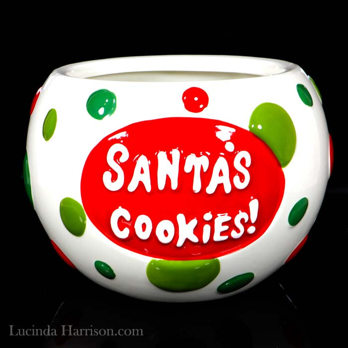 2008 Real Home Santa’s Cookies Earthenware Cookie Jar Polka Dot Bow Lid