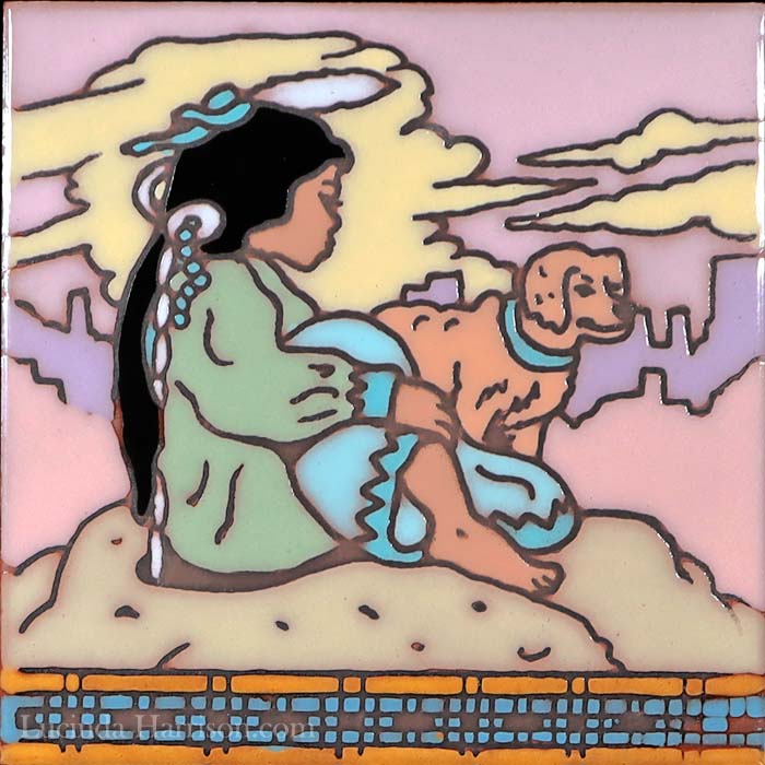 Art Tile Southwest Native American Young Girl and Dog Terracotta