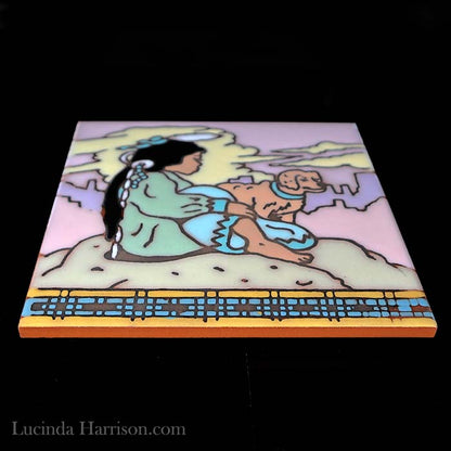 Art Tile Southwest Native American Young Girl and Dog Terracotta