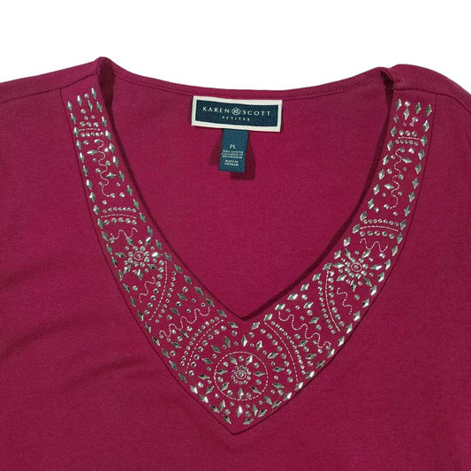 Karen Scott Petite Red Silver Stud V-Neck Pullover Top Size PL