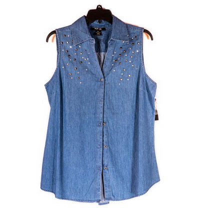 Style & Co Petite Chambray Sleeveless Blue Denim Studded Top Petite Large