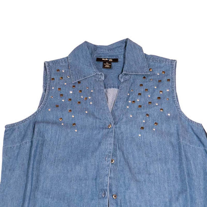 Style & Co Petite Chambray Sleeveless Blue Denim Studded Top Petite Large