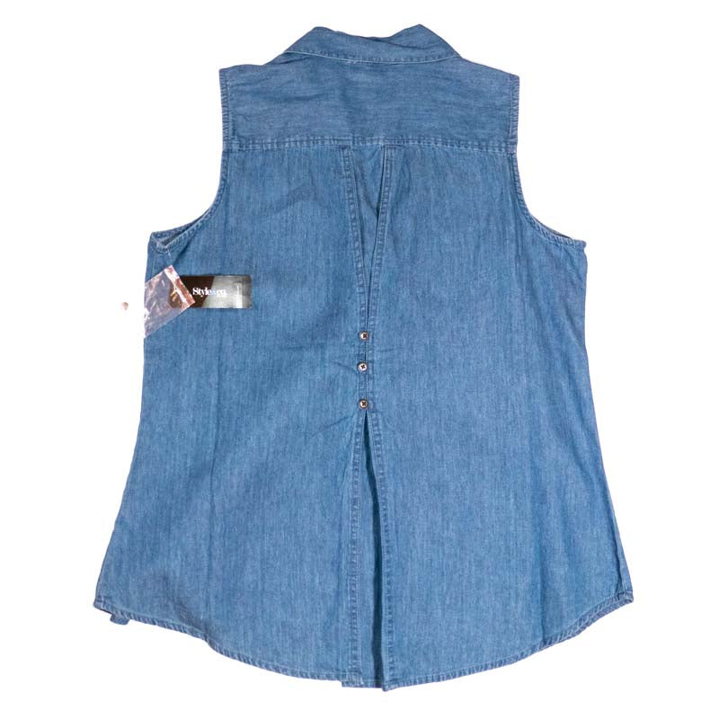 Style & Co Petite Chambray Sleeveless Blue Denim Studded Top Petite Large