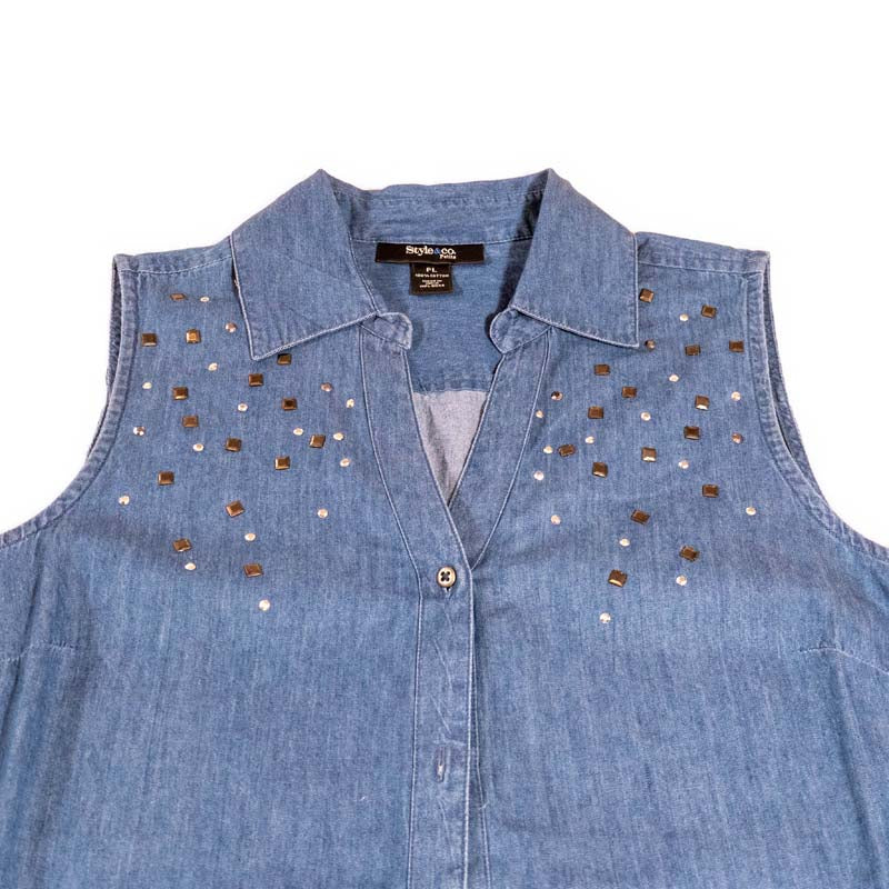 Style & Co Petite Chambray Sleeveless Blue Denim Studded Top Petite Large