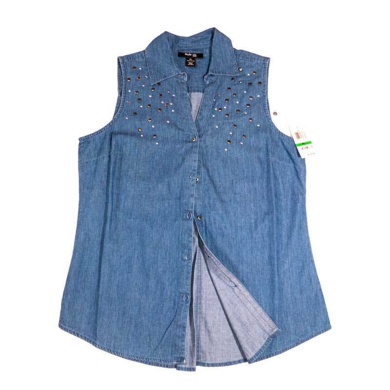 Style & Co Petite Chambray Sleeveless Blue Denim Studded Top Petite Large