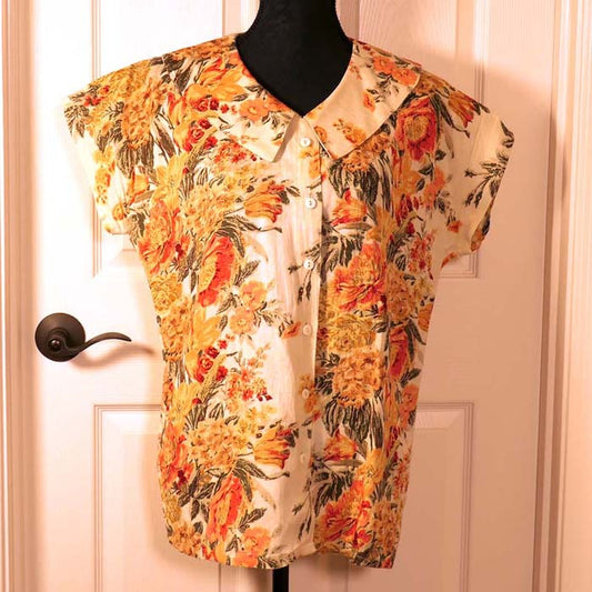 XPL Top Floral Rose Tones Button-Down Short Sleeve Round Collar Small